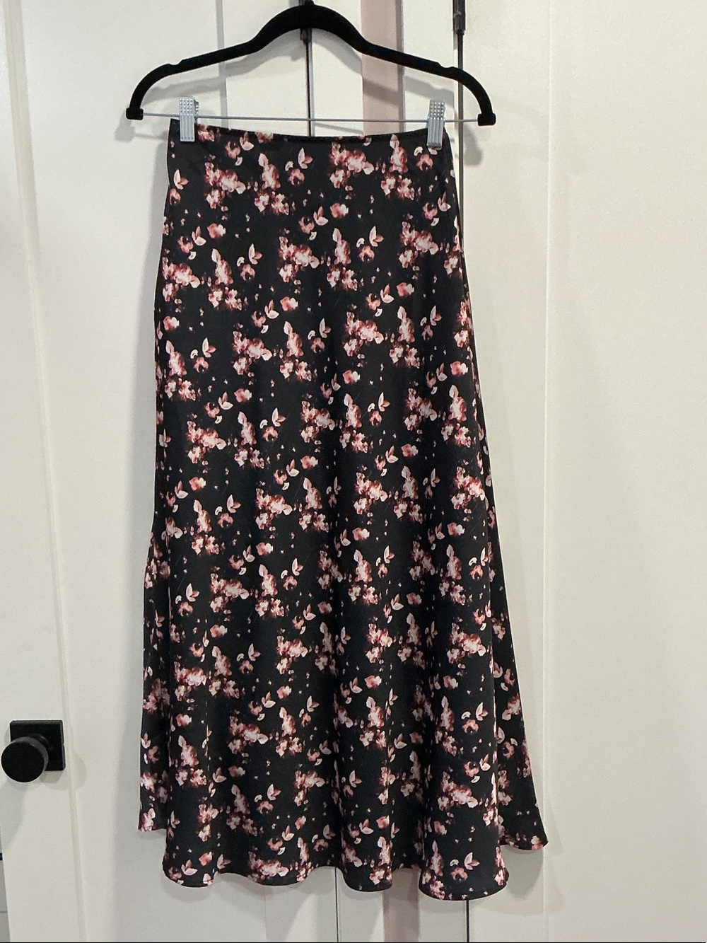 Black Midi Skirt with Pink Floral Print